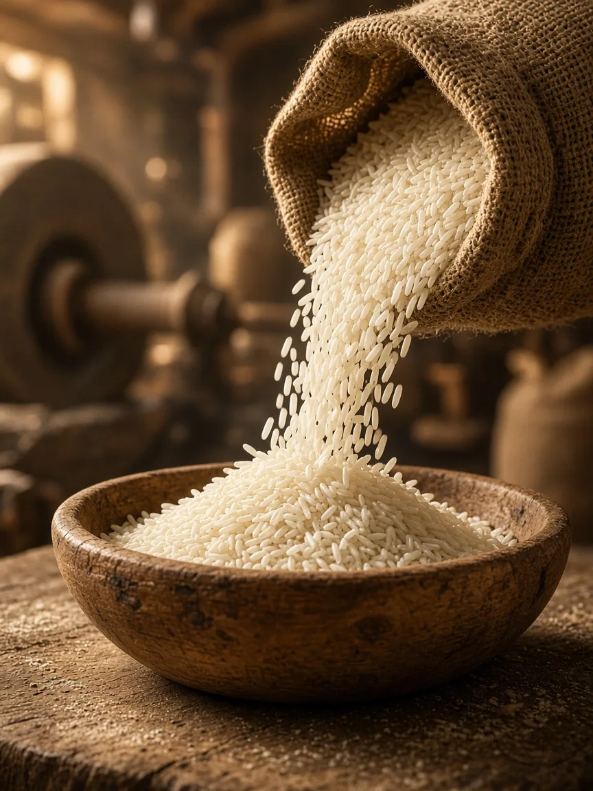 Freshly milled rice in a wooden mill bowl