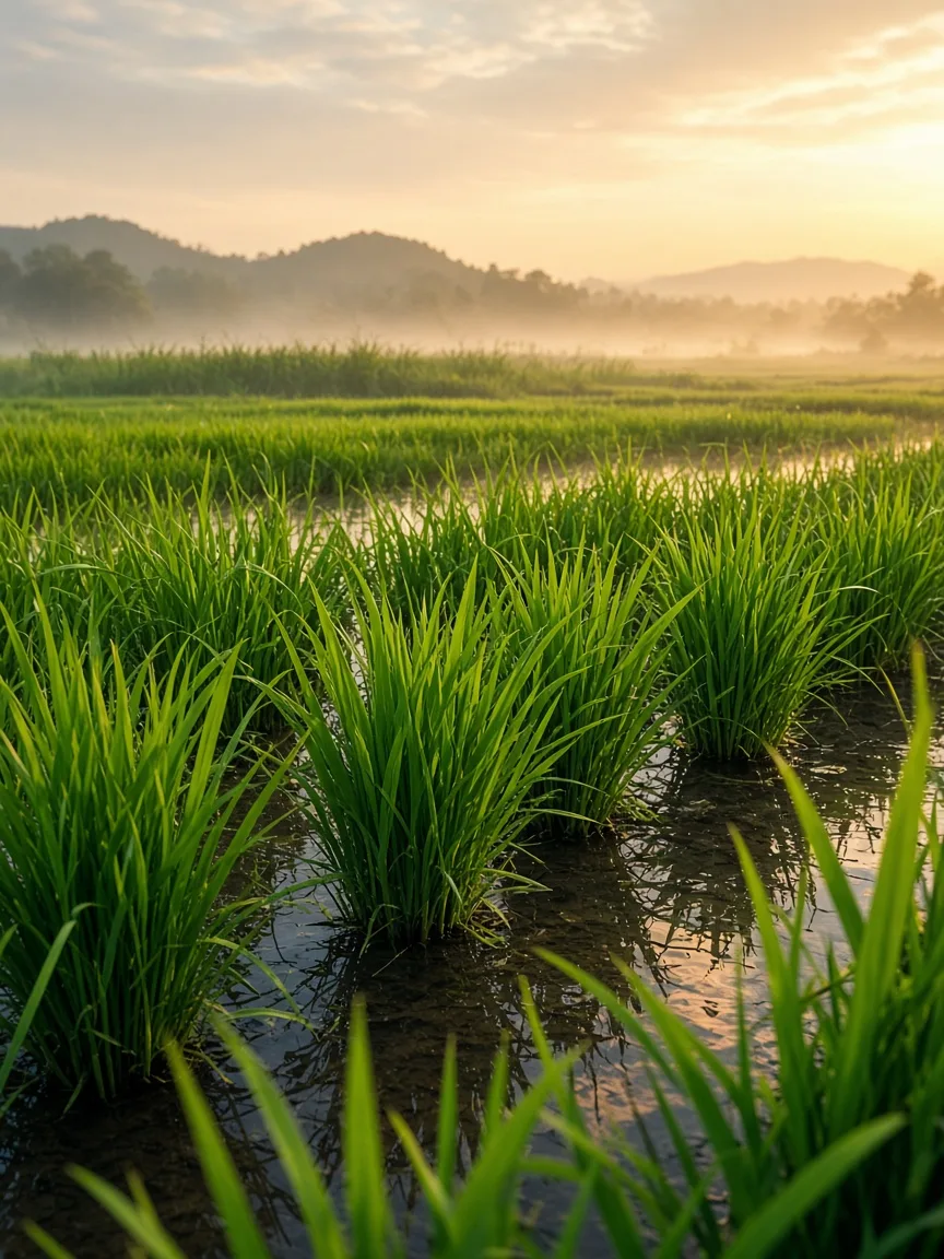 Green rice paddy in golden light