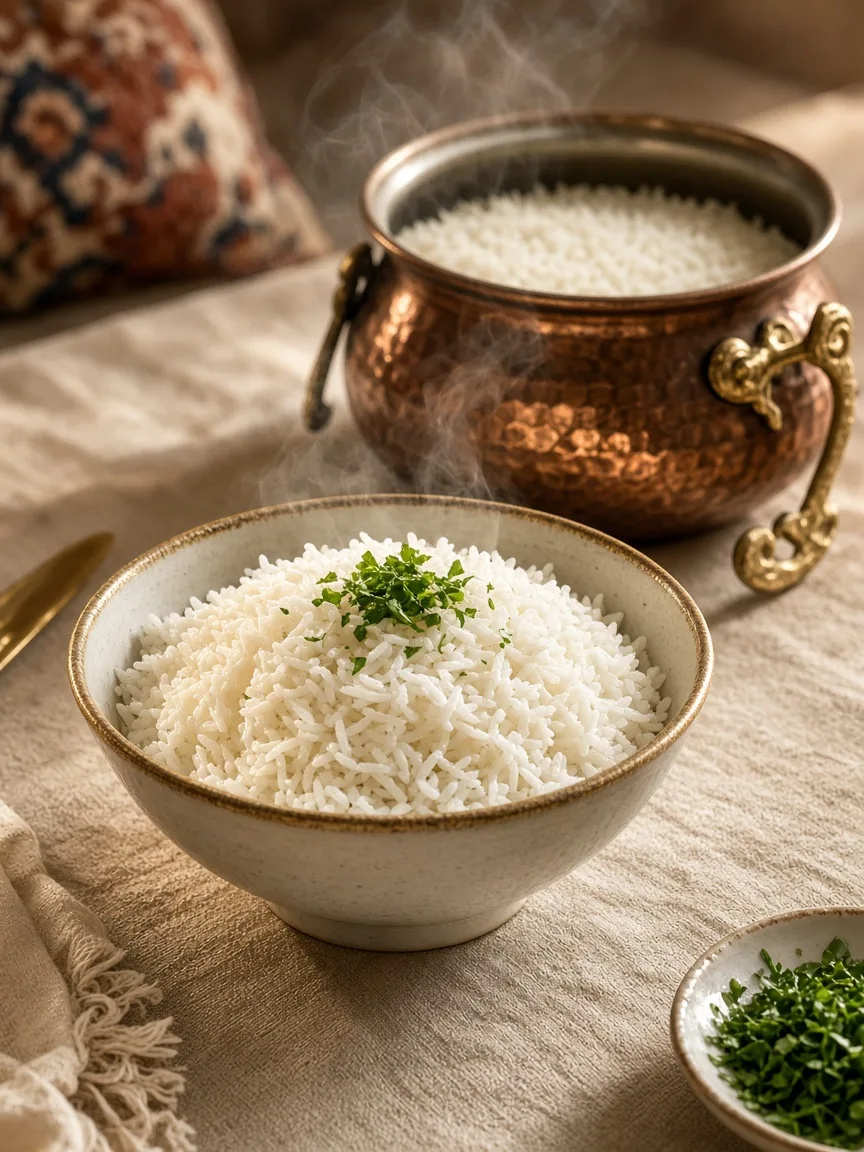 Steamed rice served on an Iranian table